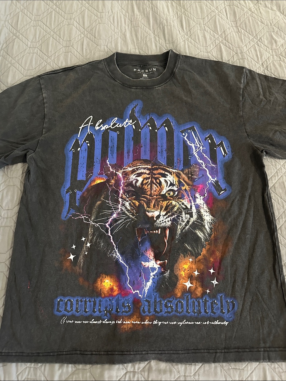 PacSun Black Tee with Blue, Orange & Purple Tiger Graphic